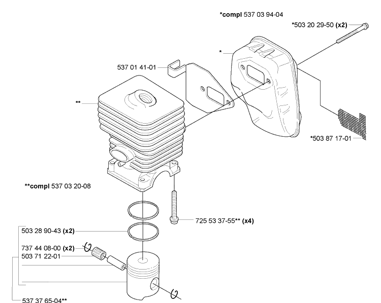Piston/Cylindermuffler Diagram and Parts List for HA110 2005-09 Husqvarna Hedge Trimmer