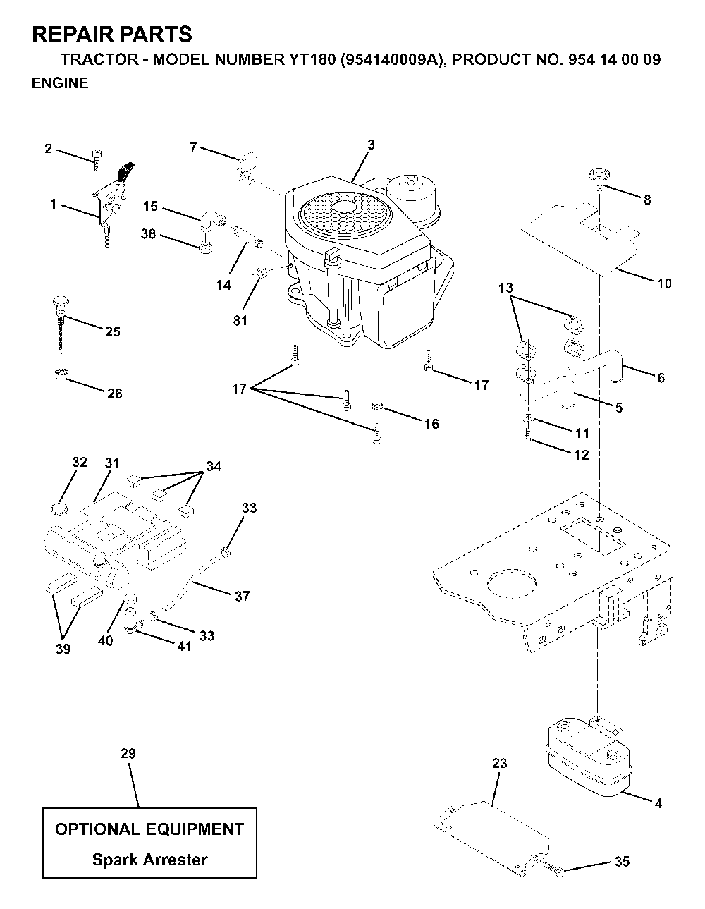 Engine Diagram and Parts List for YT180 (954140009A)(1997-01) Husqvarna Lawn Tractor