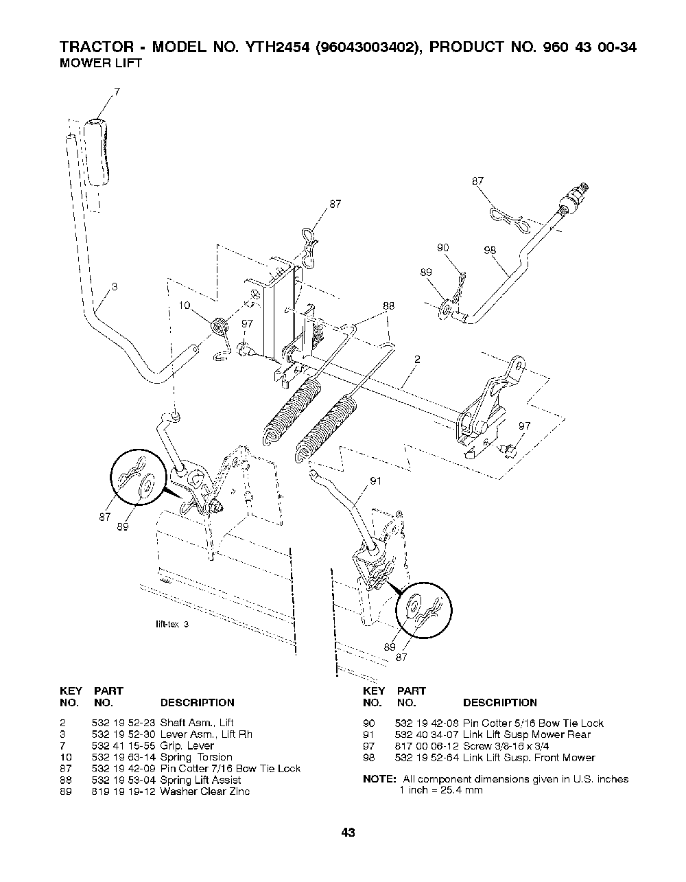 Mower Lift / Deck Lift Diagram and Parts List for YTH245496043003402 2008-02 Husqvarna Lawn Tractor