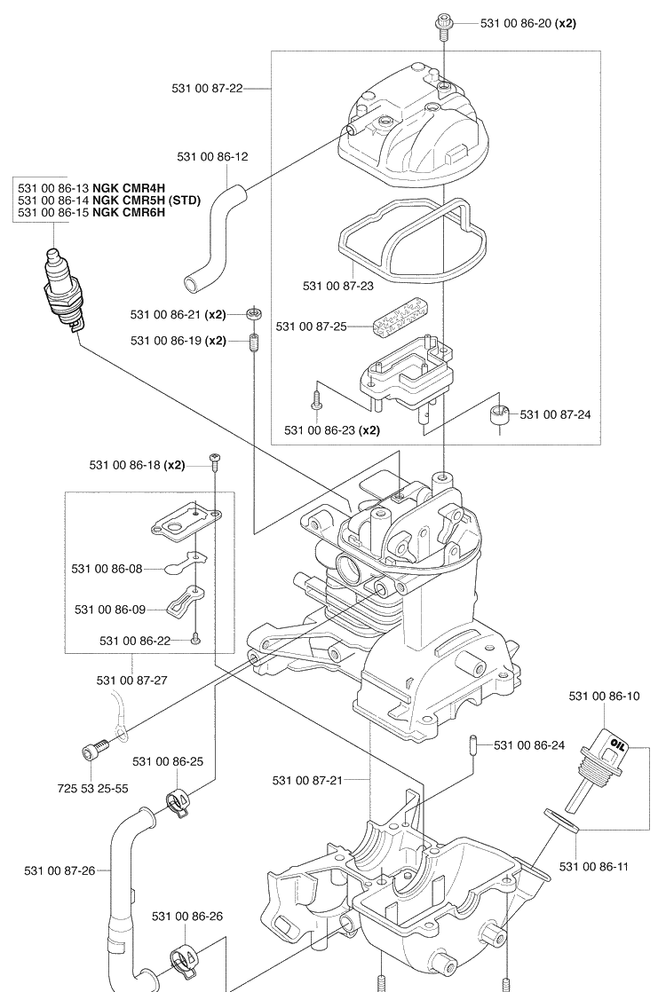 Crankcase / Cylinder Diagram and Parts List for 324RX 2009-06 Husqvarna Brush Cutter