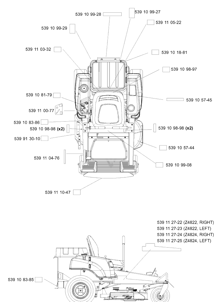 Decals Diagram and Parts List for Z4824 (968999303)(2006-03) Husqvarna Lawn Mower