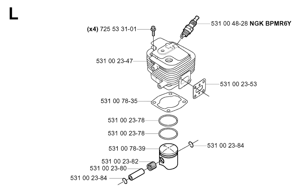 Cylinder Piston Diagram and Parts List for 132R 20050100001 & Above Husqvarna Trimmer