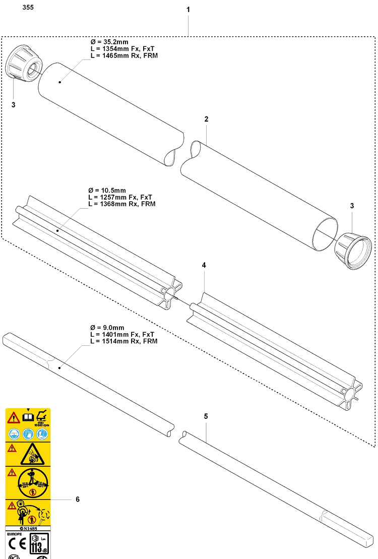 Drive Shafts/Tubes Diagram and Parts List for 355FXT 2008-07 Husqvarna Brush Cutter