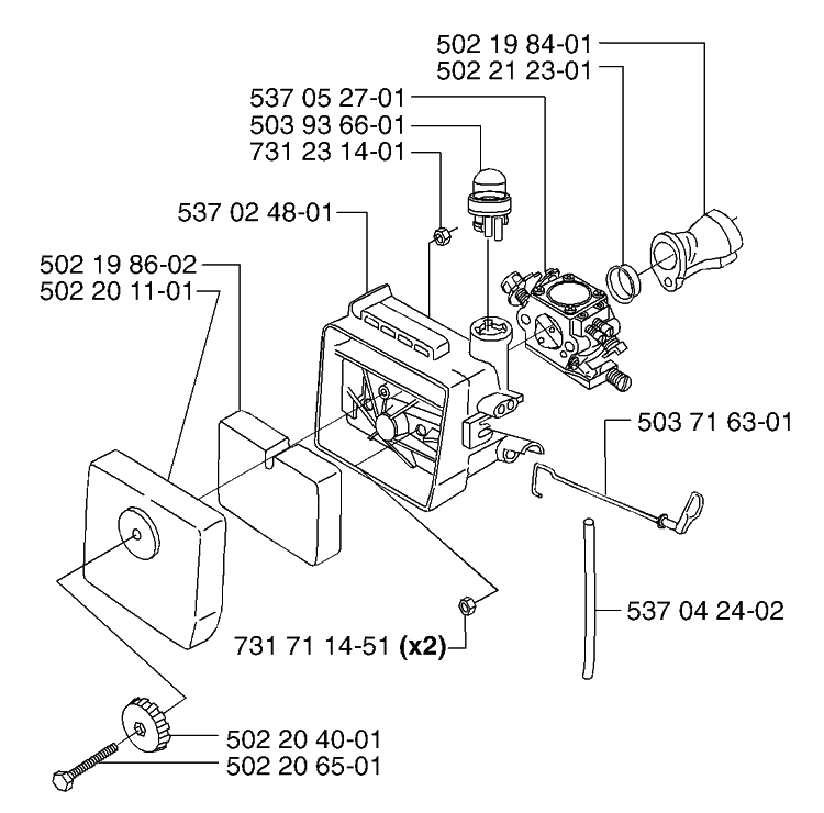 Air Filter/Carburetor Diagram and Parts List for 232L 2002-09 Husqvarna Brush Cutter