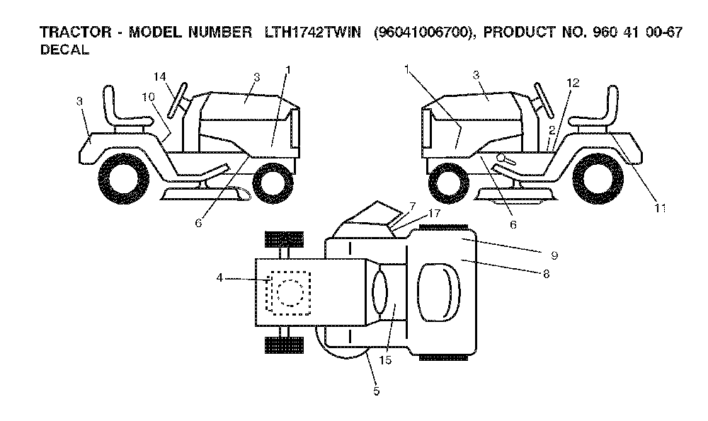 Decals Diagram and Parts List for LTH1742TWIN (96041006700)(2008-01) Husqvarna Lawn Tractor