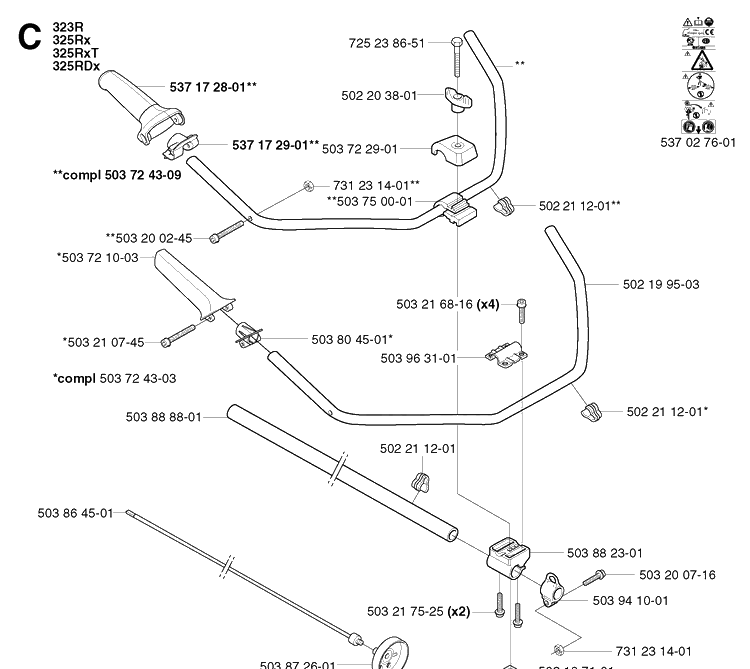 Shaft And Handle 2 Diagram and Parts List for 325RDX 20020100001-20051800000 Husqvarna Brush Cutter