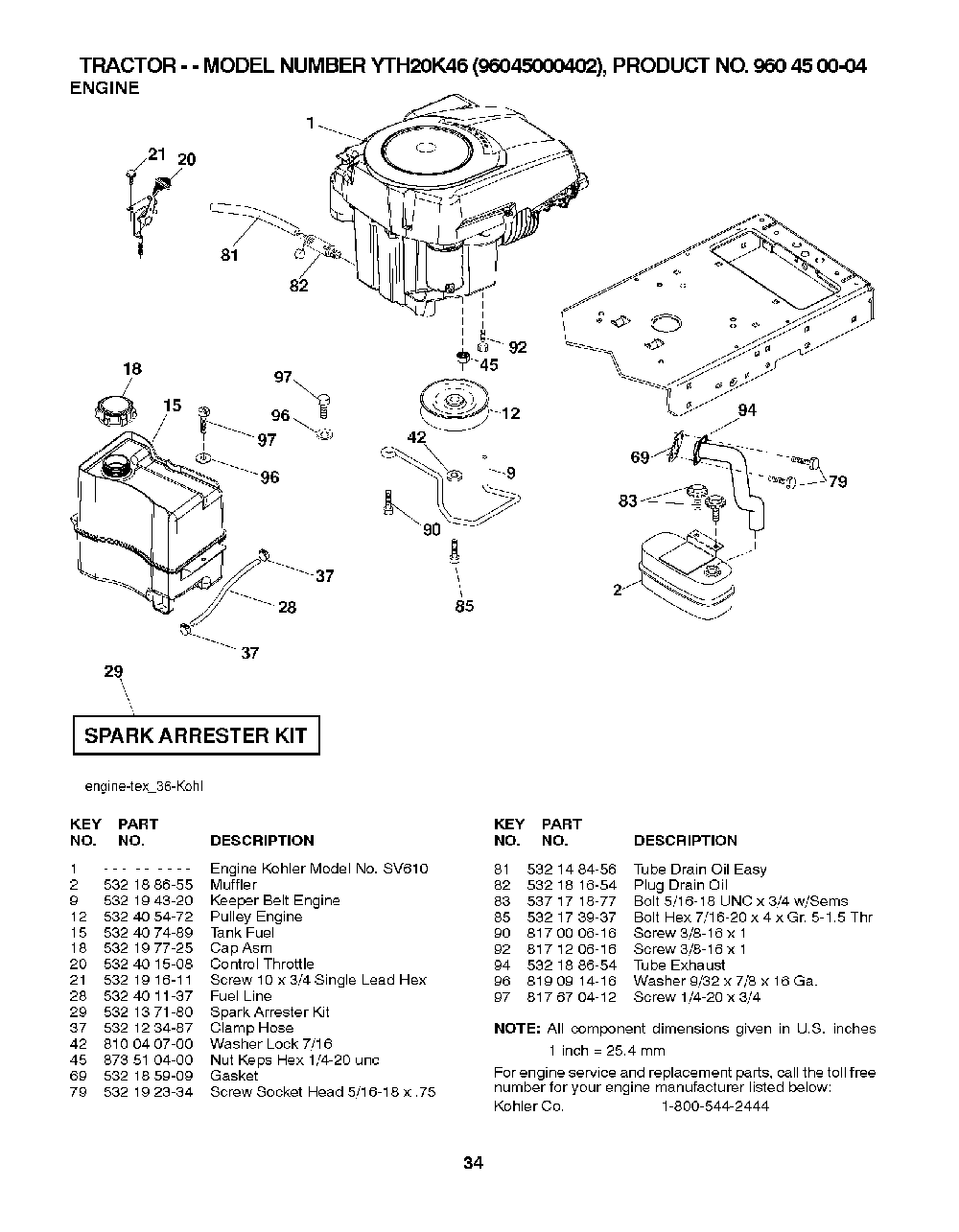Engine Diagram and Parts List for YTH20K4696045000402 2007-07 Husqvarna Lawn Tractor