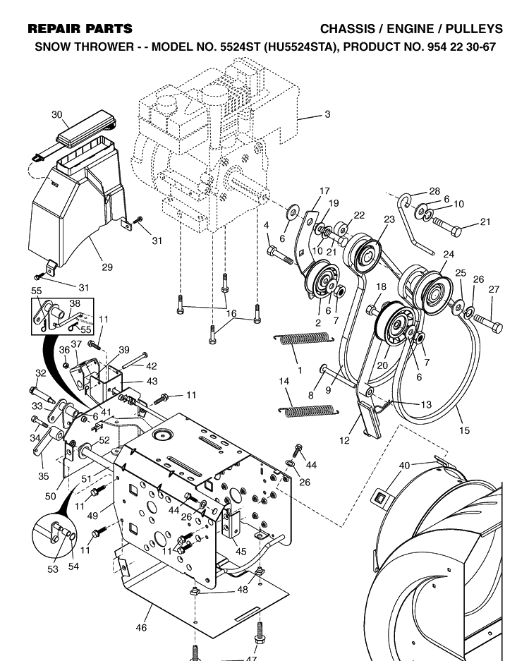 Chassis, Engine And Pulleys Diagram and Parts List for 5524ST (HU5524STA)(2002-09) Husqvarna Snow Blower