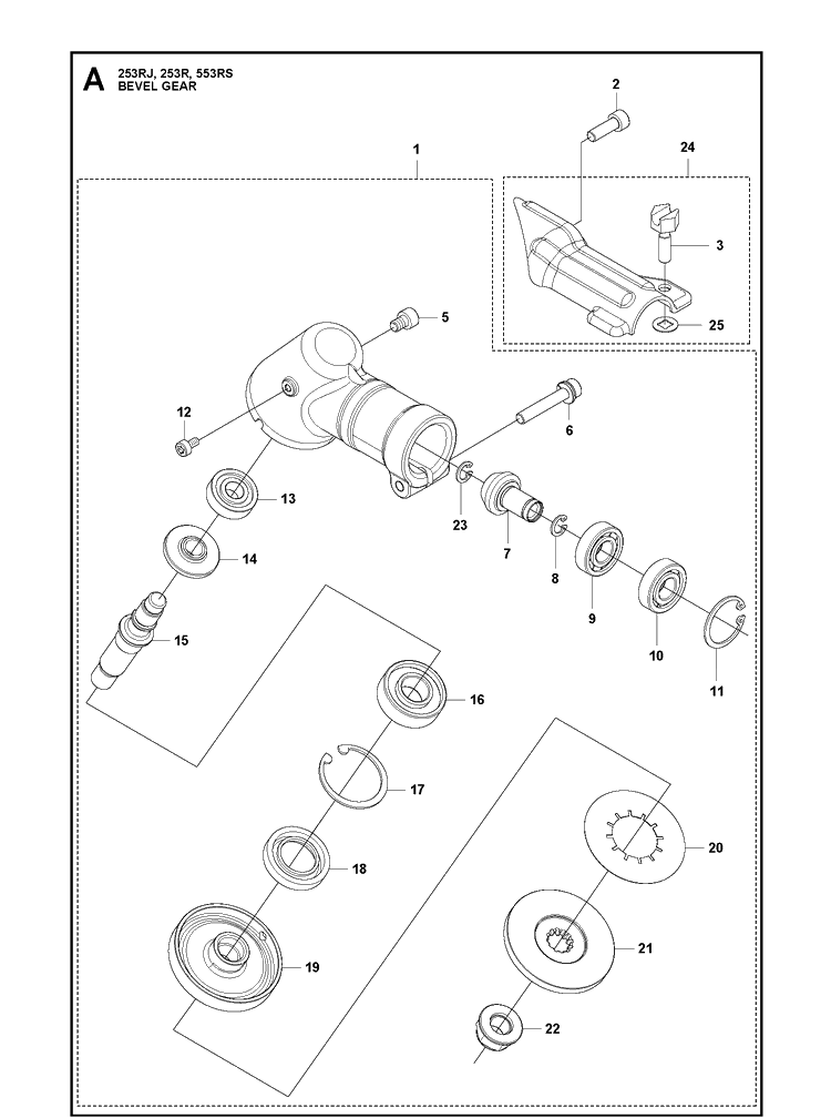Bevel Gear Diagram and Parts List for 553RS  Husqvarna Brush Cutter