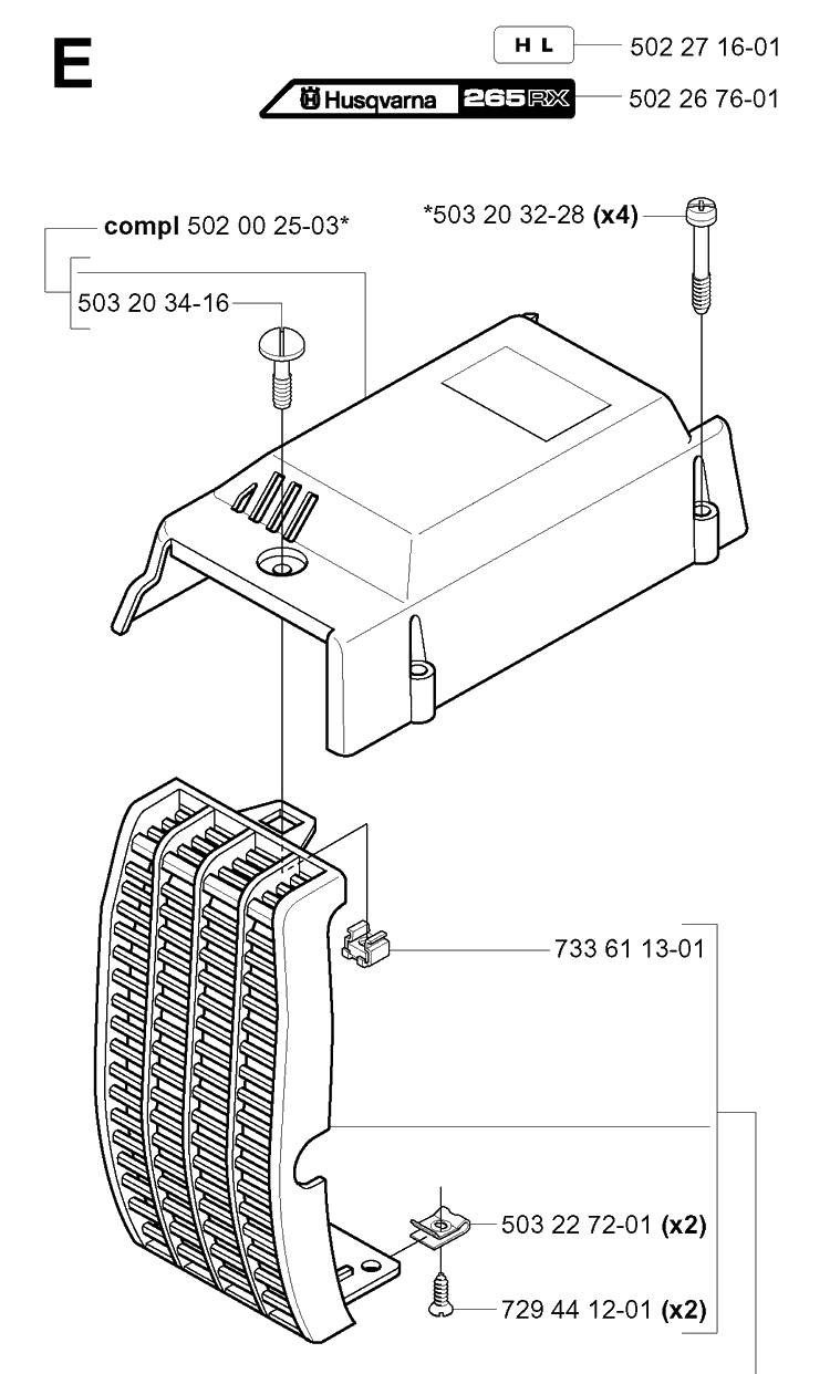 Cylinder Cover Diagram and Parts List for 265RX 20012600001-20023100000 Husqvarna Brush Cutter