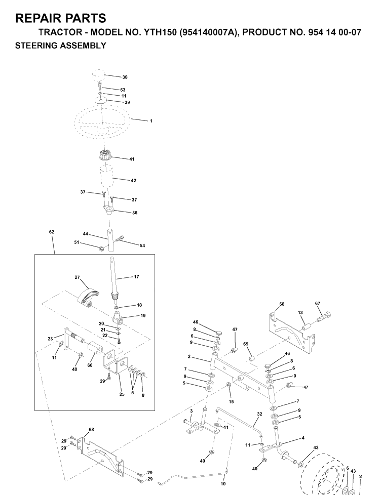 Steering Diagram and Parts List for YTH150 (954140007A)(1997-01) Husqvarna Lawn Tractor