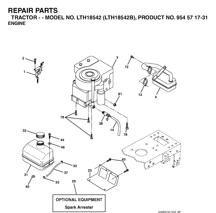 Engine Diagram and Parts List for LTH18542-LTH18542B 2004-03 Husqvarna Lawn Tractor