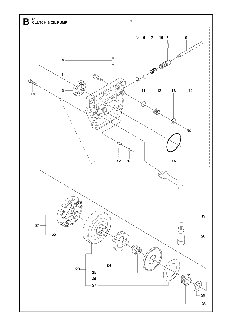 Clutch And Oil Pump 2 Diagram and Parts List for 61  Husqvarna Chainsaw