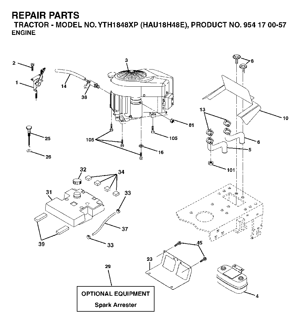 Engine Diagram and Parts List for YTH1848XP (HAU18H48E, 954170057)(2003-01) Husqvarna Lawn Tractor