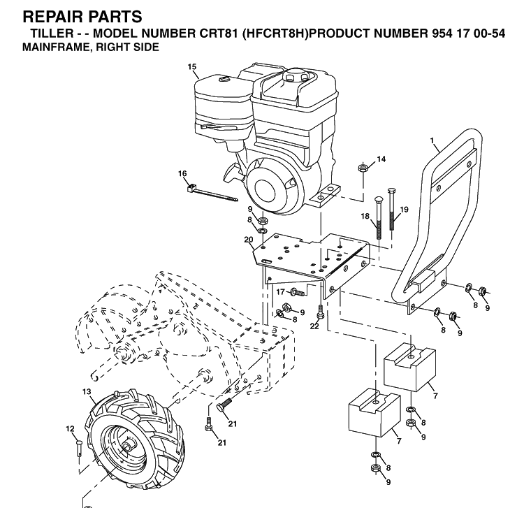 Mainframe, Right Side Diagram and Parts List for CRT81 (HFCRT8H)(2004-01) Husqvarna Cultivator