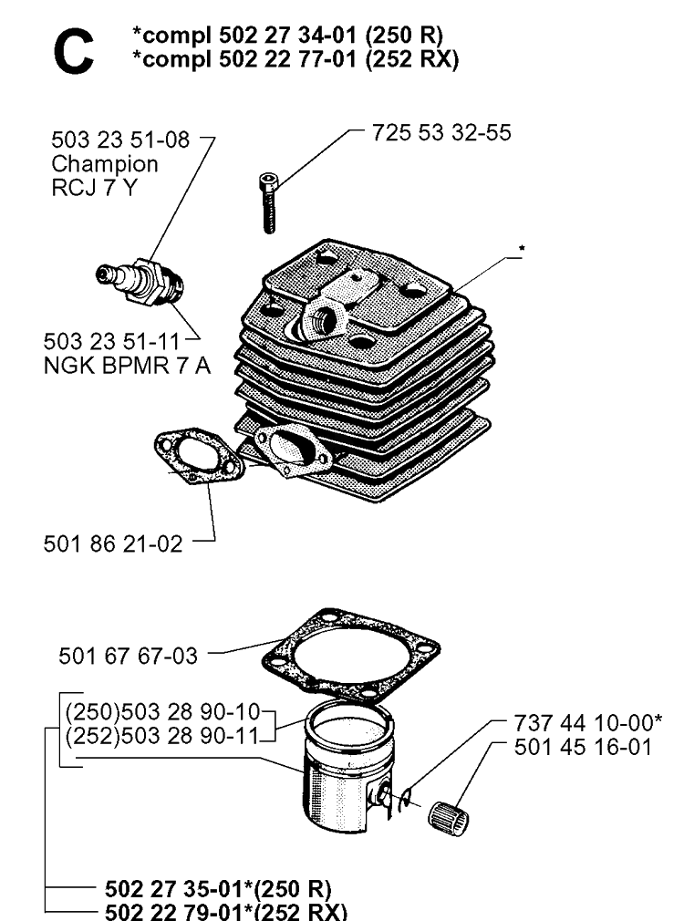 Cylinder Piston Diagram and Parts List for 252RX 19991400001-20011800000 Husqvarna Brush Cutter