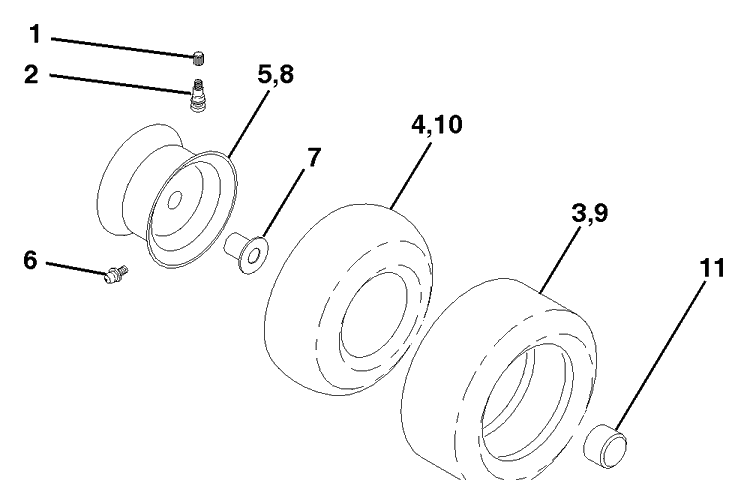 Wheels And Tires Diagram and Parts List for LTH130 (954140005B)(1997-12) Husqvarna Lawn Mower