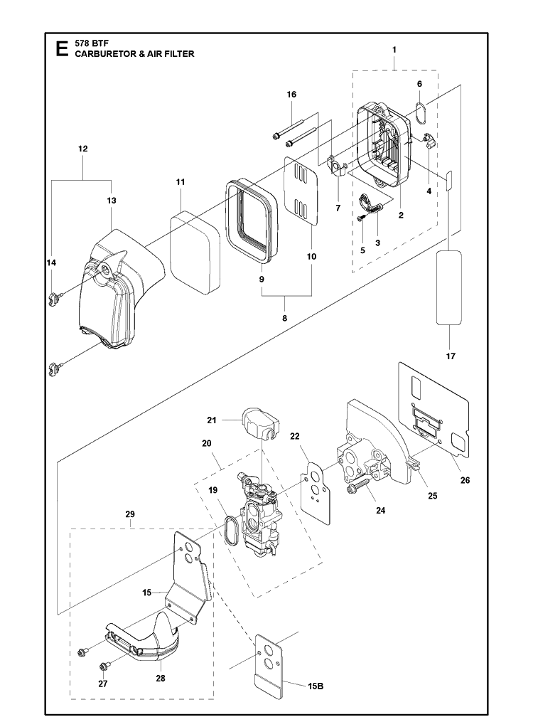 Carburetor And Air Filter Diagram and Parts List for 578BTF 20143600001-20183500000 Husqvarna Leaf Blower / Vacuum