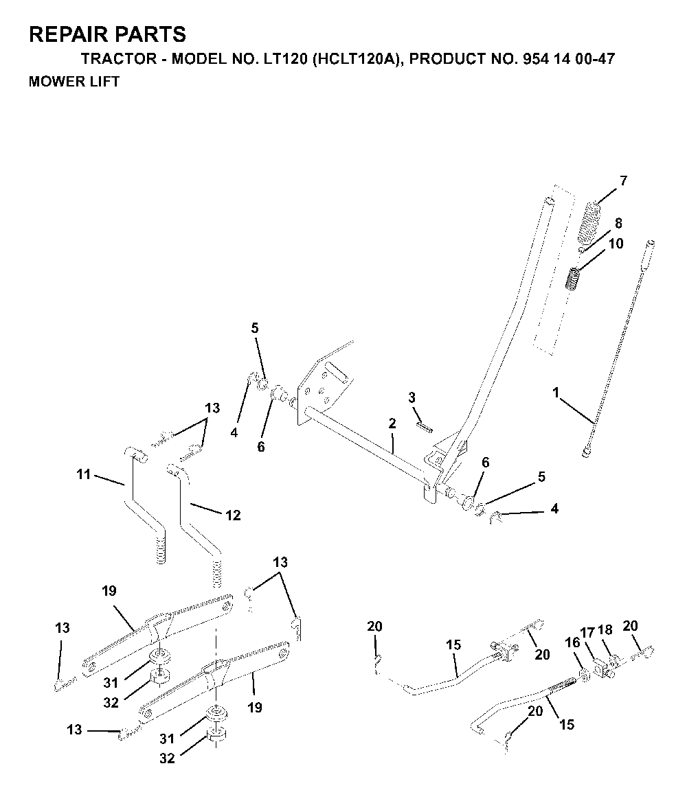 Mower Lift / Deck Lift Diagram and Parts List for LT120 (HCLT120A, 954140047)(1998-01) Husqvarna Lawn Tractor