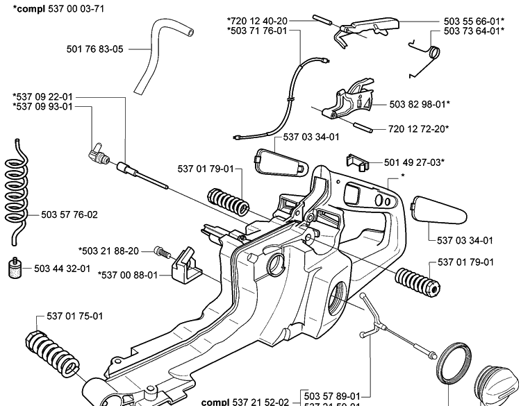 Fuel Tank/Rear Handle Diagram and Parts List for 385 2005-03 Husqvarna Chainsaw