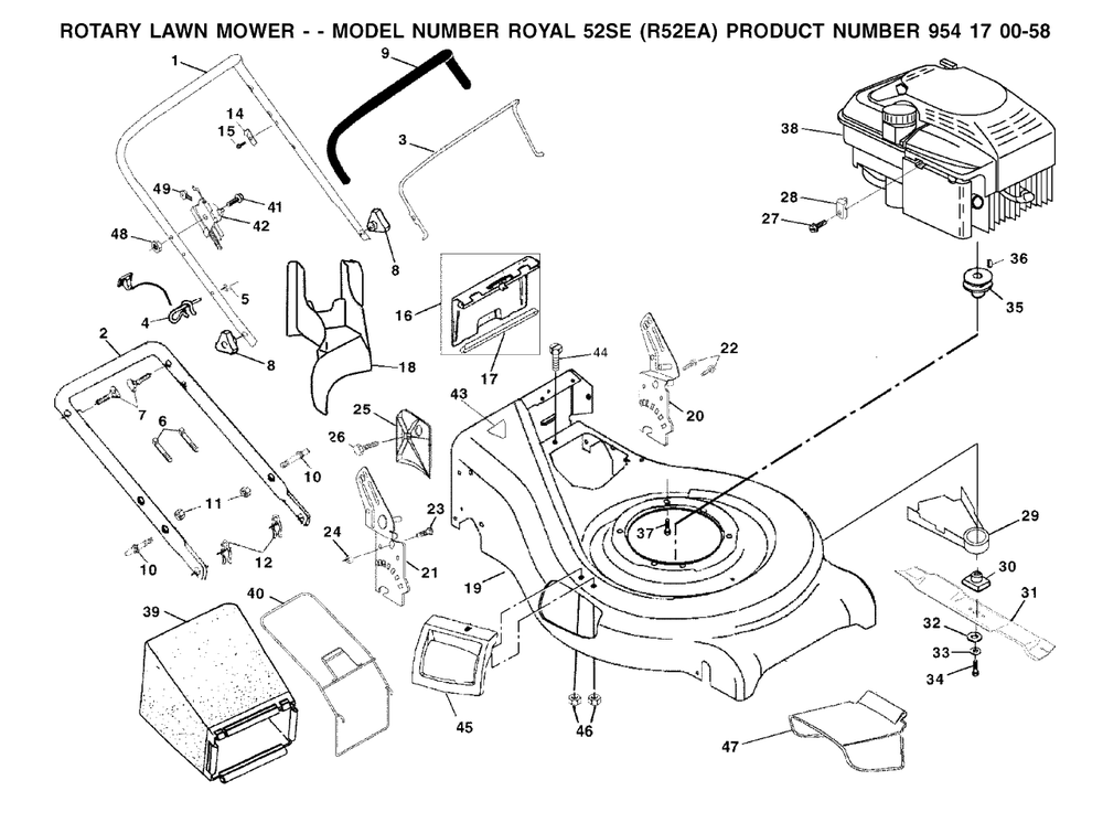 Frame And Engine Diagram and Parts List for ROYAL52 (954170058-A)(2002-01) Husqvarna Lawn Mower