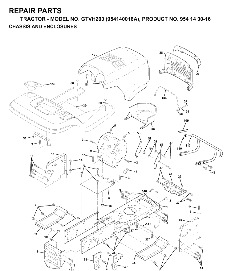 Chassis And Enclosures Diagram and Parts List for GTVH200 (954140016A)(1998-10) Husqvarna Lawn Tractor