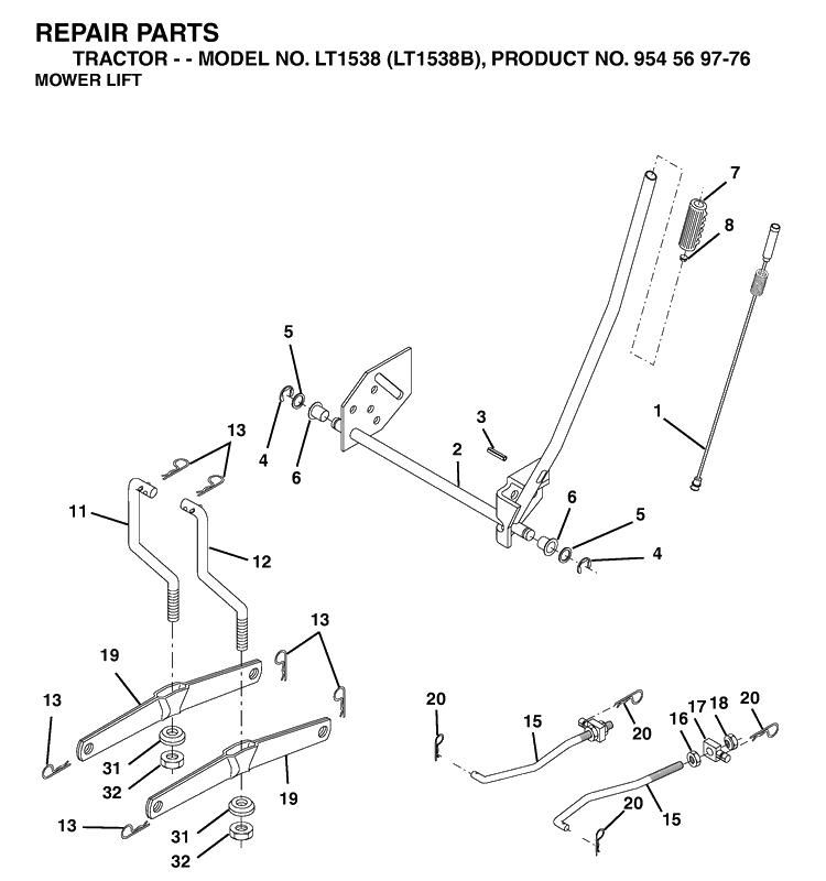 Mower Lift / Deck Lift Diagram and Parts List for LT1538-LT1538B 2002-11 Husqvarna Lawn Tractor