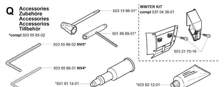 Accessories Diagram and Parts List for 385XP 20034000001-20051000000 Husqvarna Chainsaw