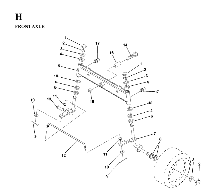 Front Axle Diagram and Parts List for LTH130 (HE13H36D)(1997-03) Husqvarna Lawn Tractor