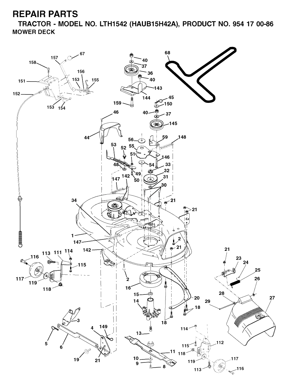 Mower Deck / Cutting Deck Diagram and Parts List for LTH1542 (954170086-A)(2003-01) Husqvarna Lawn Tractor