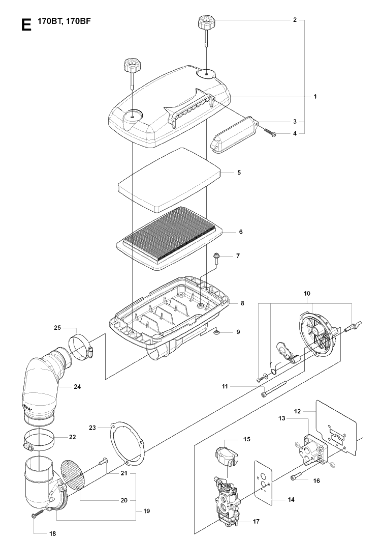 Carburetor And Air Filter Diagram and Parts List for 170BT 20084000001-Current Husqvarna Leaf Blower / Vacuum