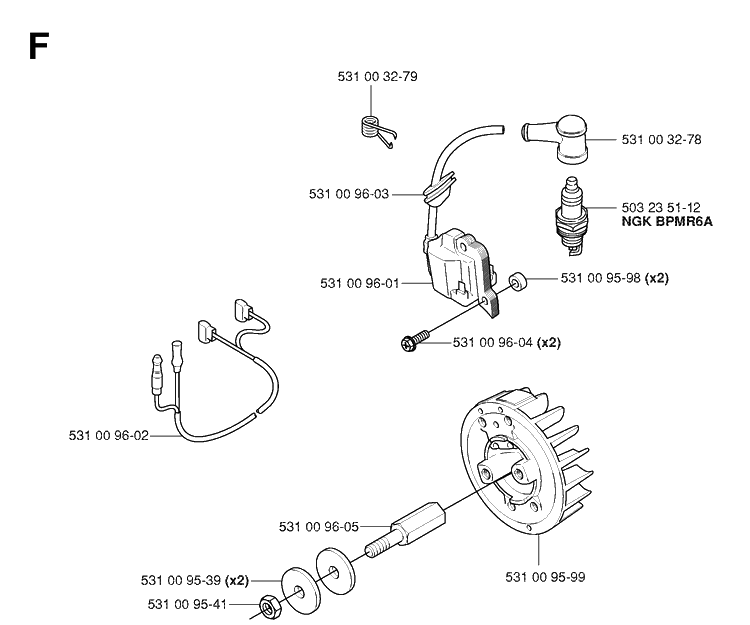 Ignition System Diagram and Parts List for 125BT TJ027D-AC55 Husqvarna Leaf Blower / Vacuum