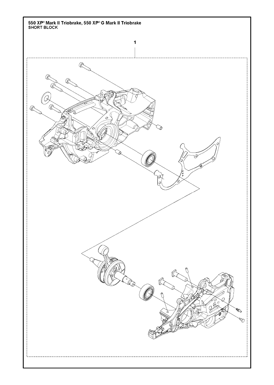 Short Block Diagram and Parts List for 550XP-XPG (Mark II)(TRIOBRAKE) Husqvarna Chainsaw