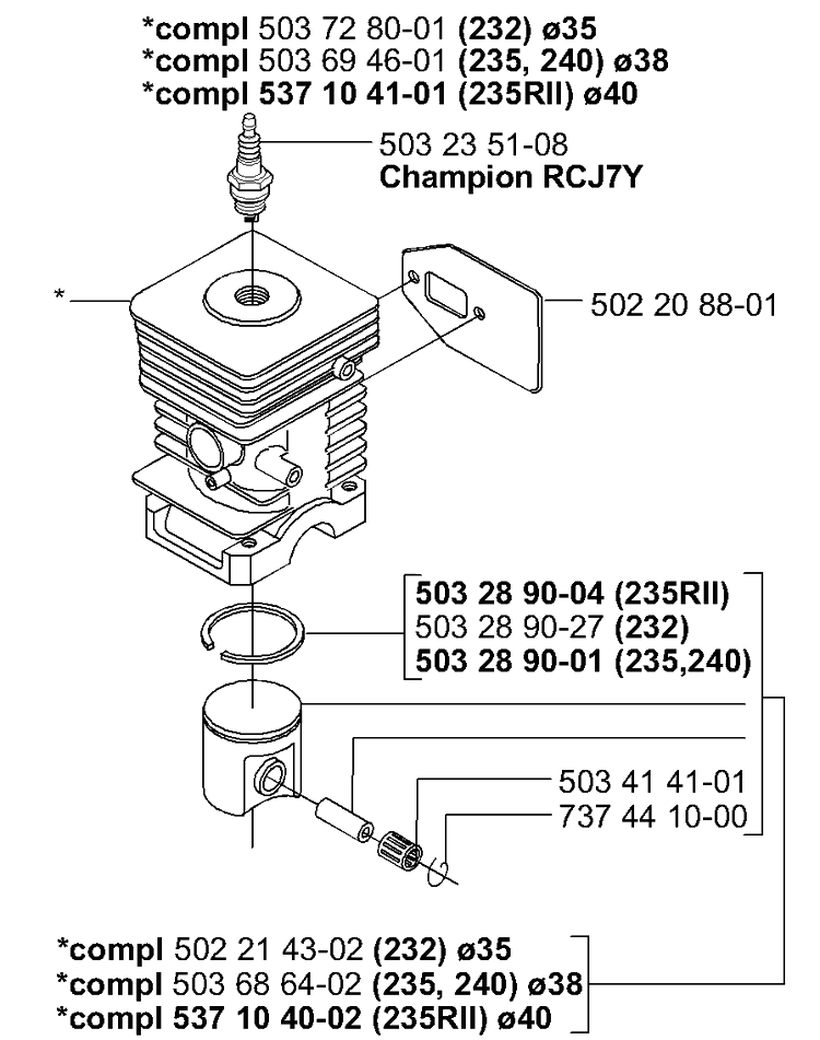 Piston / Cylinder Diagram and Parts List for 232RD 2000-10 Husqvarna Brush Cutter