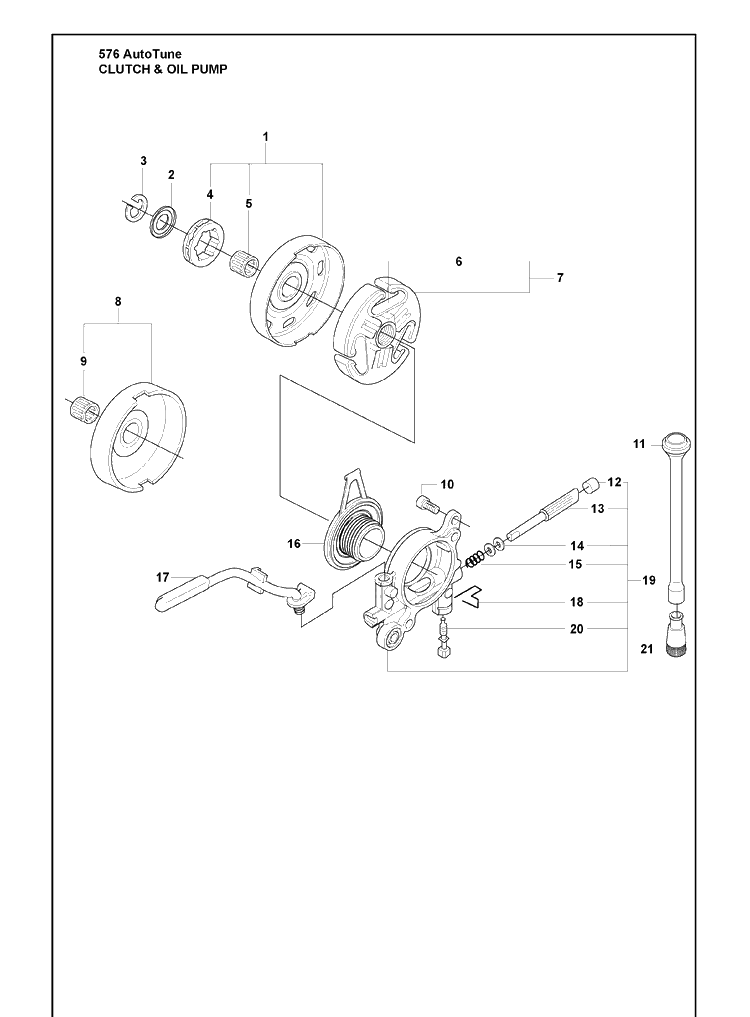Clutch And Oil Pump Diagram and Parts List for 576XP 2010-03 Husqvarna Chainsaw