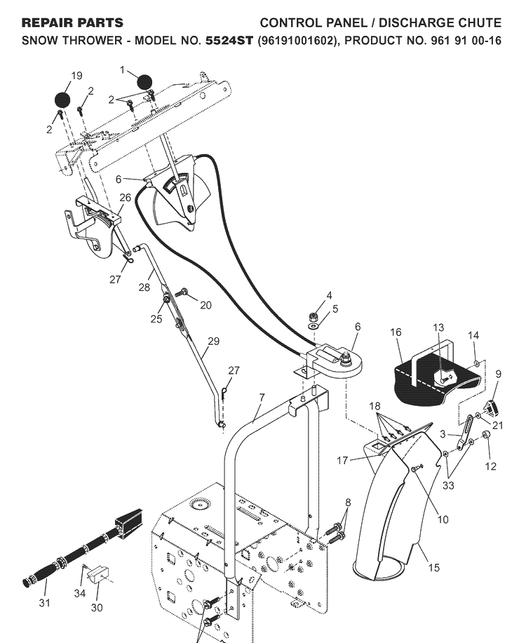 Control Panel And Discharge Chute Diagram and Parts List for 5524ST (96191001602)(2007-10) Husqvarna Snow Blower