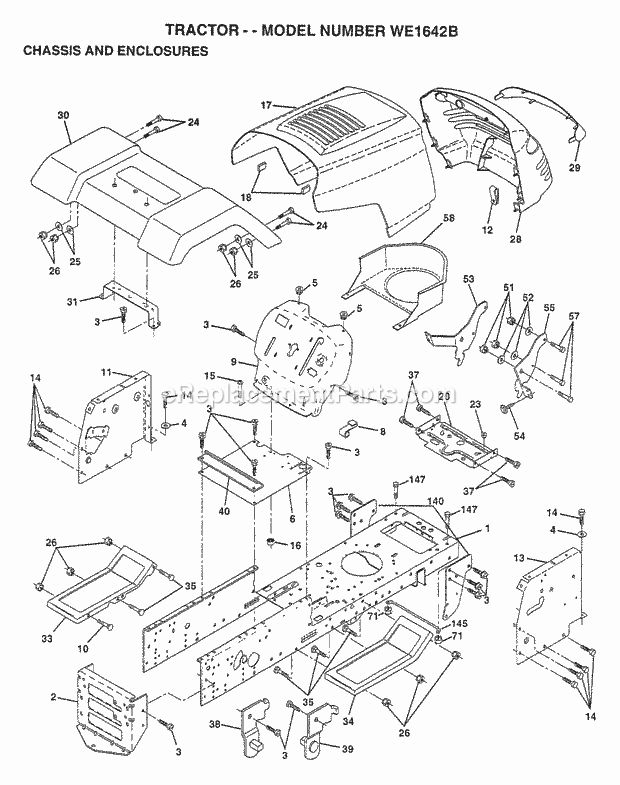 Chassis And Enclosures Diagram and Parts List for WE1642B 1997 Husqvarna Lawn Tractor