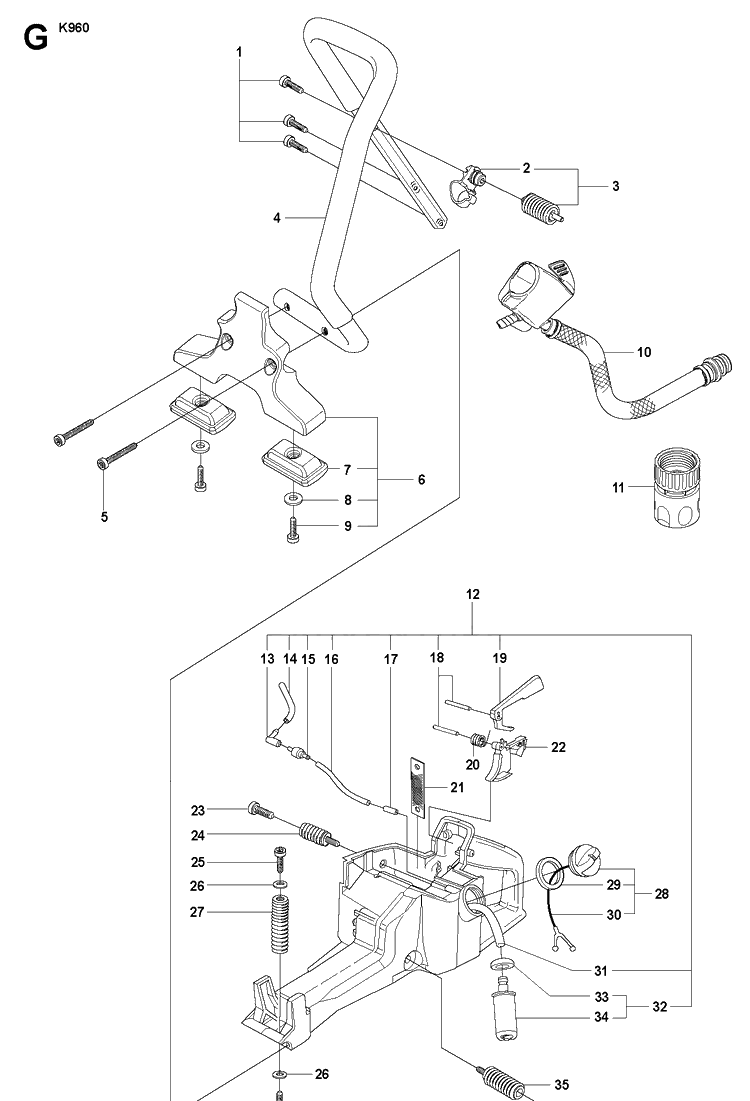 Fuel Tank And Handle Diagram and Parts List for K960 2007-10 Husqvarna Lawn Tractor Accessories
