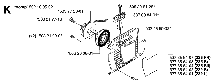 Starter Diagram and Parts List for 235RII  Husqvarna Brush Cutter