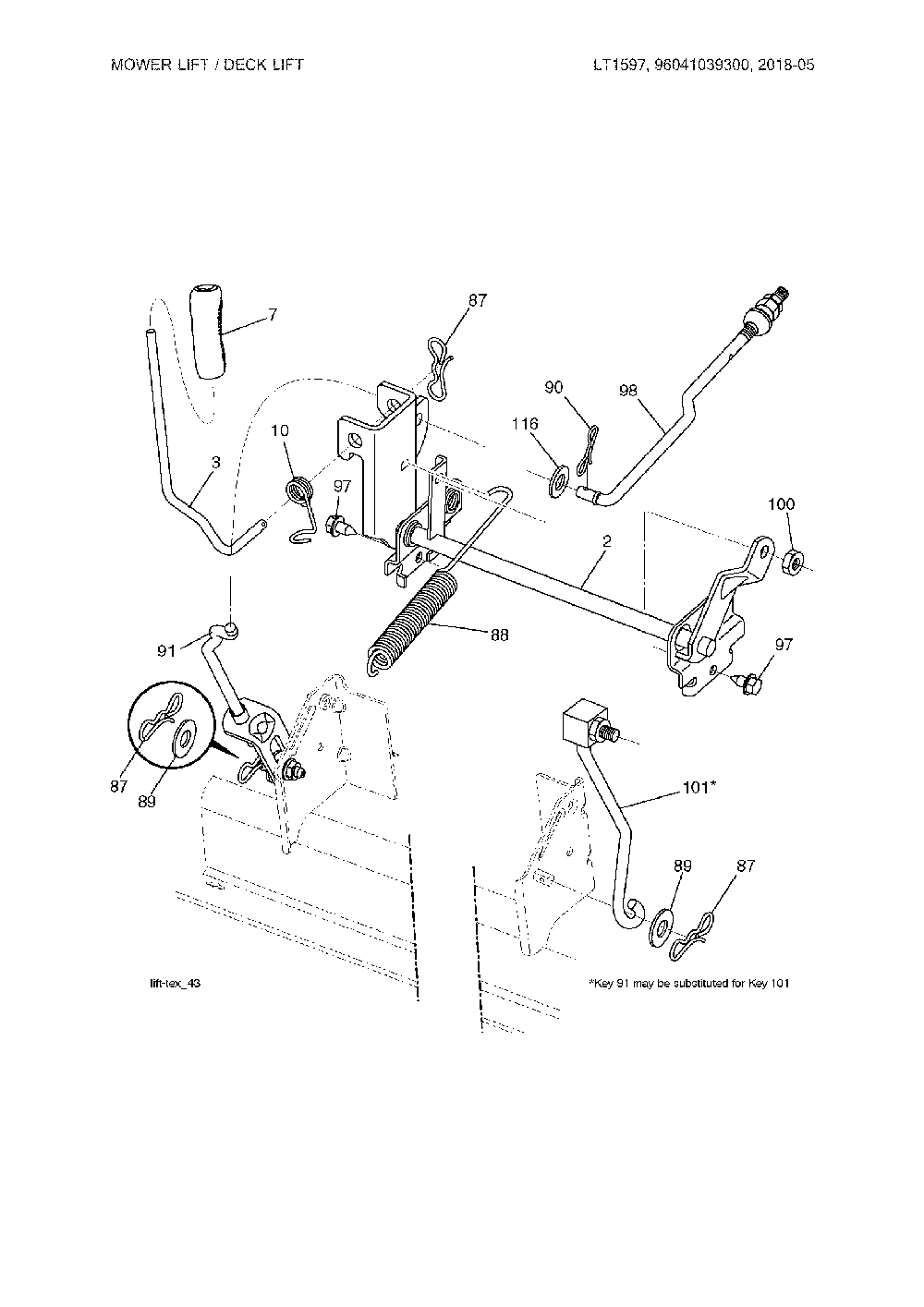 Mower lift Diagram and Parts List for LT1597-96041039300  Husqvarna Lawn Tractor