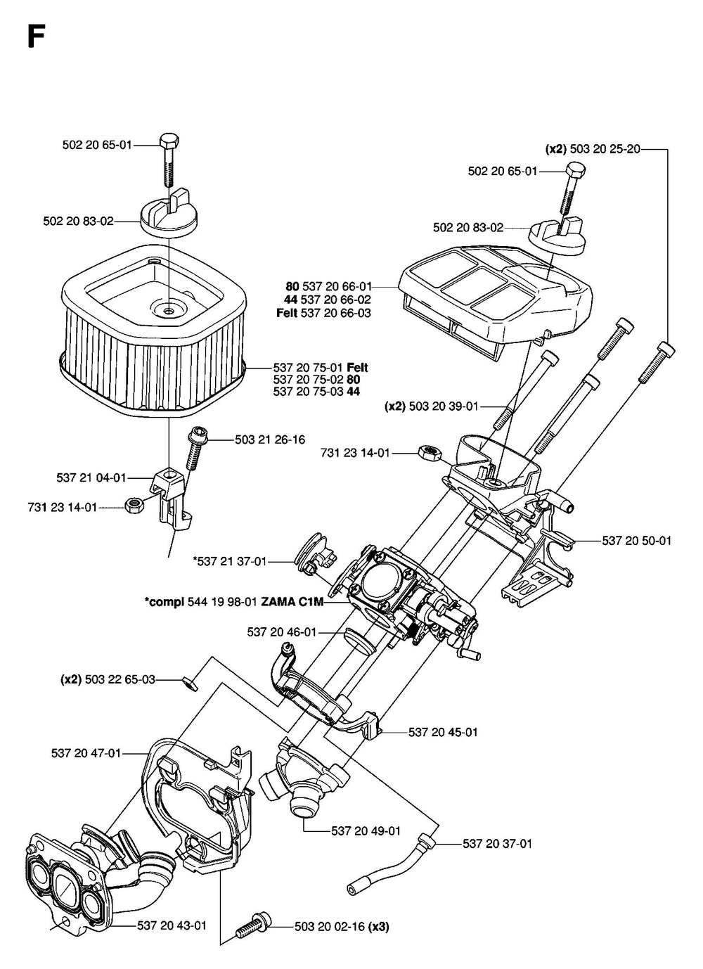 Carburetor And Air Filter Diagram and Parts List for 575XP-575XPG 575 XP W - 575 XPGW Husqvarna Chainsaw