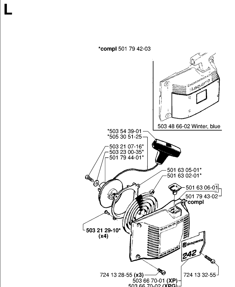 Starter Diagram and Parts List for 242 19981800001-20013500000 Husqvarna Chainsaw