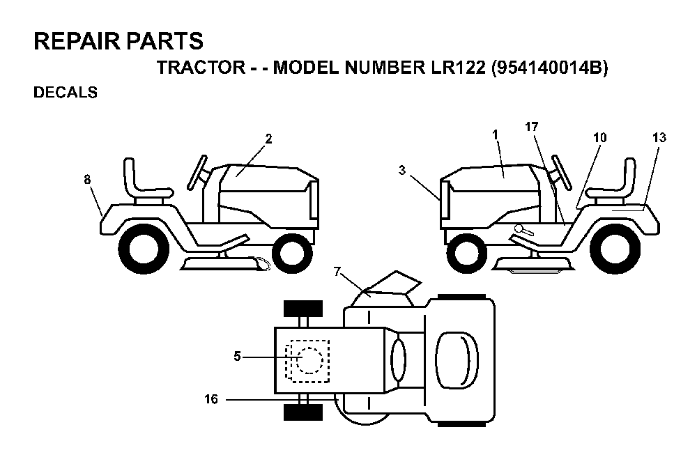 Decals Diagram and Parts List for LR122 (954140014B)(1999-03) Husqvarna Lawn Tractor