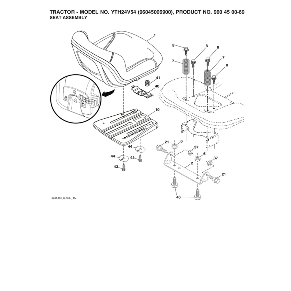 Seat Assy Diagram and Parts List for 96045006900  Husqvarna Lawn Tractor