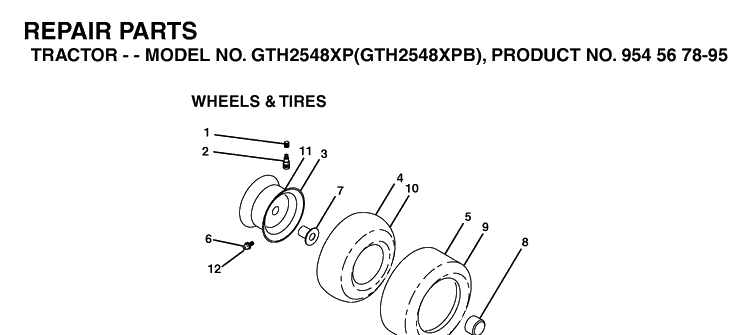Wheels And Tires Diagram and Parts List for GTH2548XP-GTH2548XPB 2003-05 Husqvarna Lawn Tractor