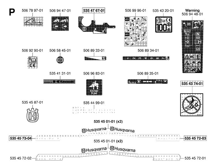 Decals Diagram and Parts List for PR18 (953521901)(2004-01) Husqvarna Lawn Mower