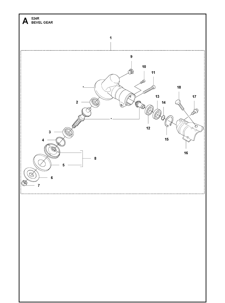 Bevel Gear Diagram and Parts List for 524R 2020-11 Husqvarna Brush Cutter