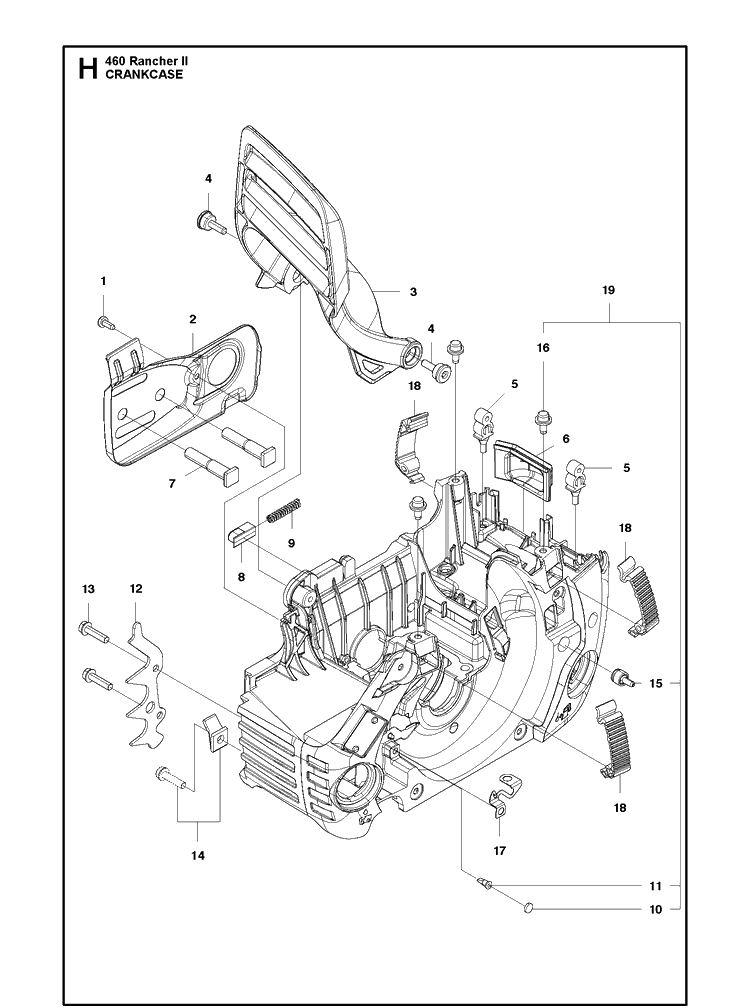 Crankcase Diagram and Parts List for 460 RANCHER II Husqvarna Chainsaw