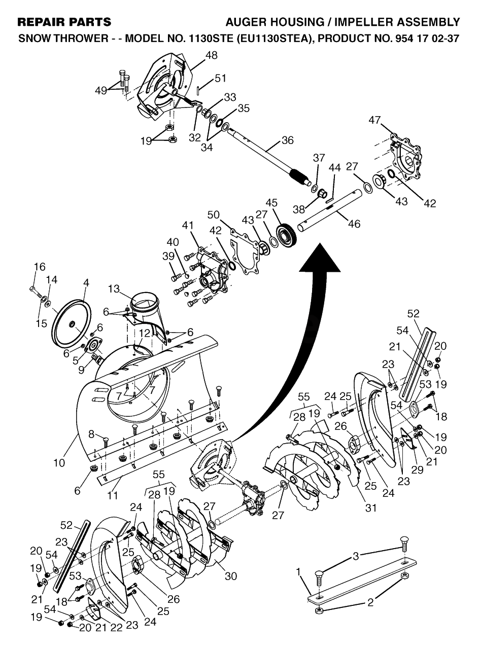 Auger Housing And Impeller Diagram and Parts List for 1130STE (954170237-A)(2004-09) Husqvarna Snow Blower