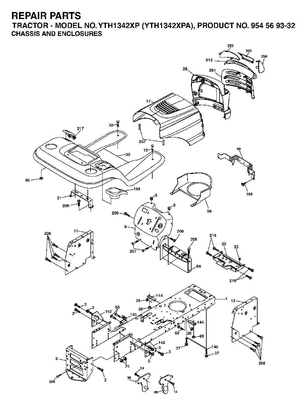 Chassis And Enclosures Diagram and Parts List for YTH1342XP (YTH1342 XPA, 954569332)(2003-03) Husqvarna Lawn Tractor